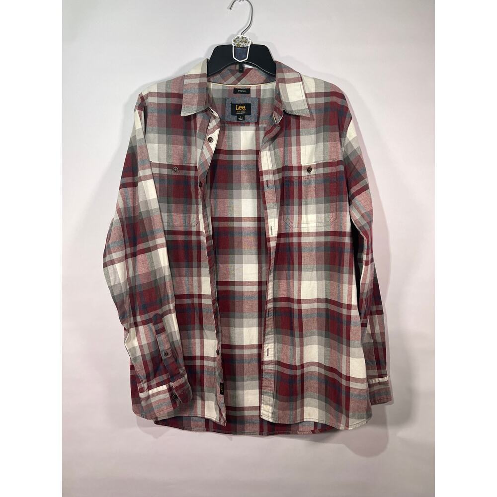 Lee Men's Red White Plaid Button Up Long Sleeve Shirt Size Large